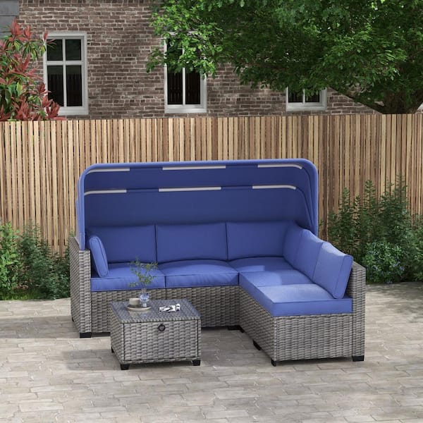 Unbranded 6-Piece Gray Wicker Outdoor Sectional Sofa with Blue Cushions, Canopy and Lifting Table
