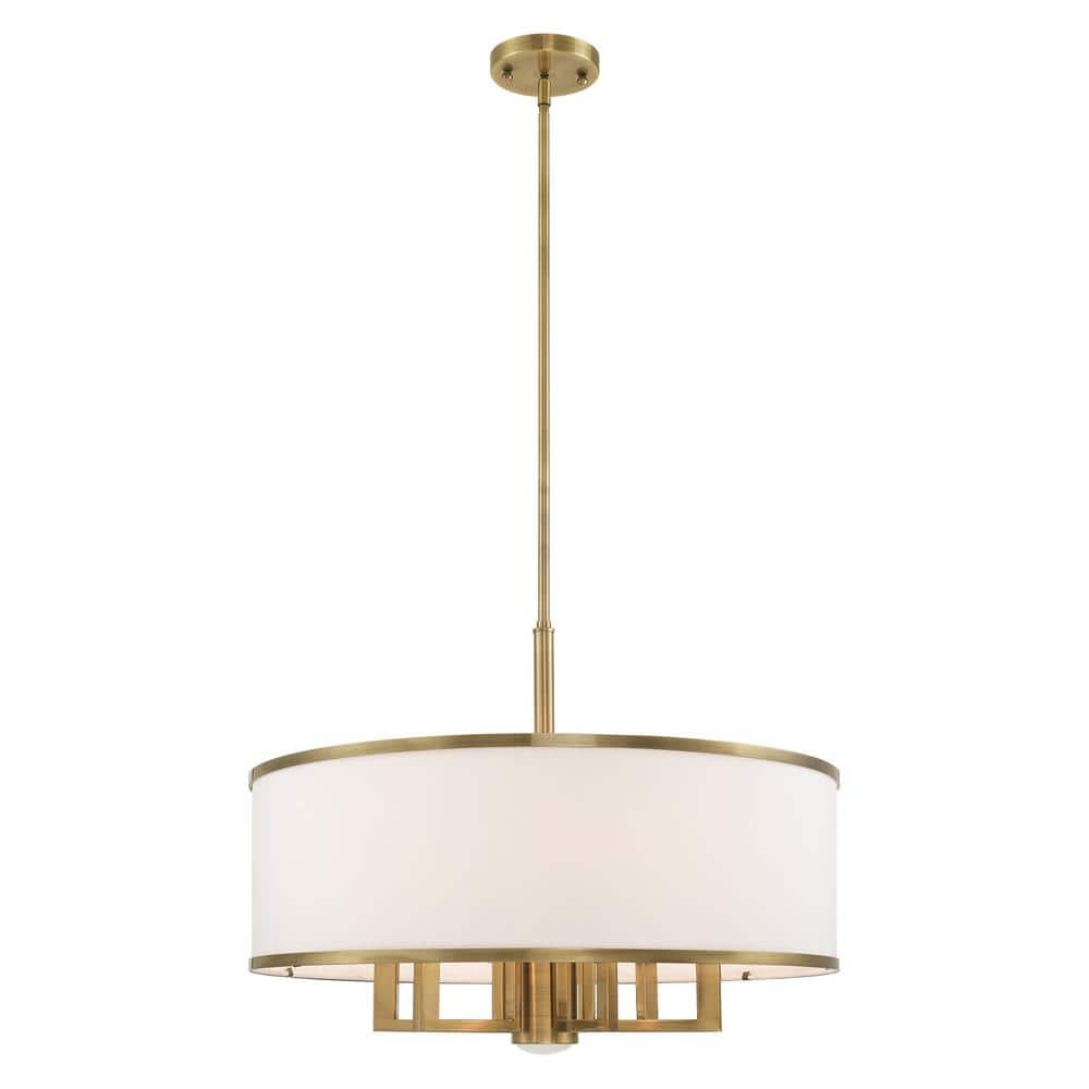 Antique Brass 6-Light Drum Pendant with Off-White Shade