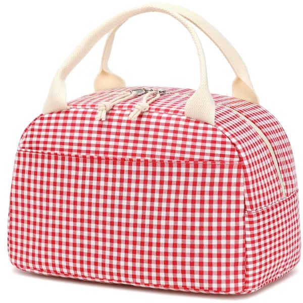 Insulated Lunch Bag for Women, Reusable Lunch Box Tote with Front Pocket, Large Capacity Cooler Bag, Red White Grid