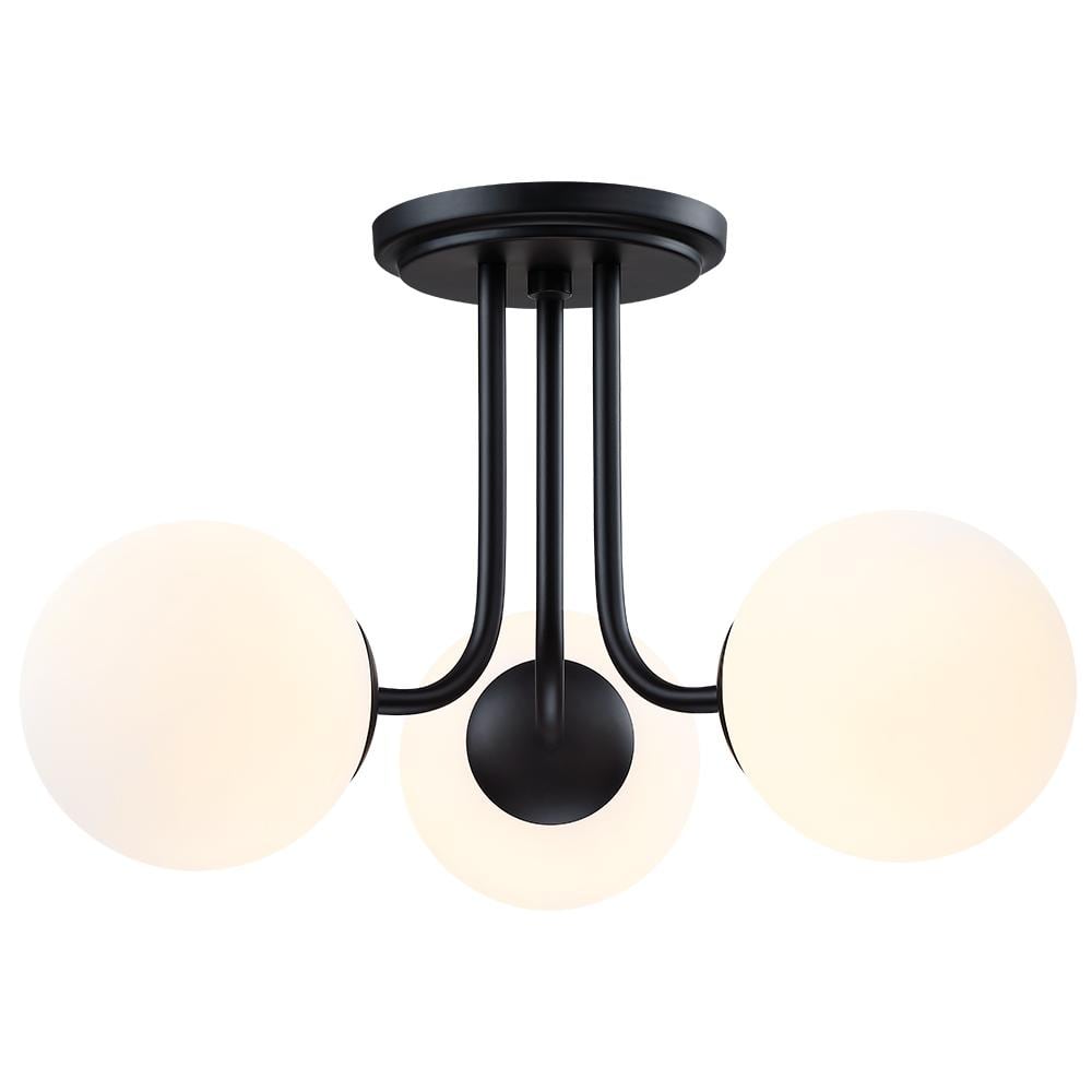 Opal Matte Black and White Glass Globe LED Semi-Flush Mount Light