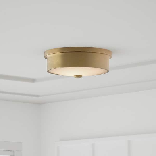 Home Decorators Collection Versailles 12 in. Aged Brass LED Flush Mount Ceiling Light with White Glass Shade