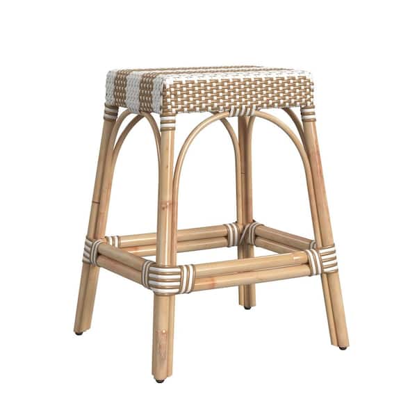 Butler Specialty Company Robias 24.5 in. Tan and White Stripe Backless Rectangular Rattan Counter Stool (Qty 1)