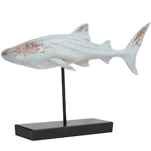 Light Blue Resin Carved Shark Sculpture with Wood Inspired Accents and Black Base