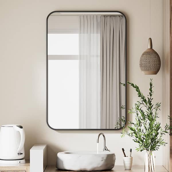 XRAMFY 26 in. W x 37.8 in. H Rectangular Modern Aluminum Alloy Framed Rounded Black Wall Mirror