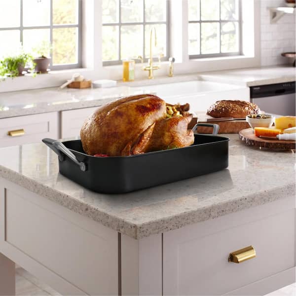Turkey Roasting Pan With Rack (Grey/Black), By Home Basics | Carbon Steel  Non-Stick Pan With Handles | 20 Roaster Great For Ham, Roast Beef, and