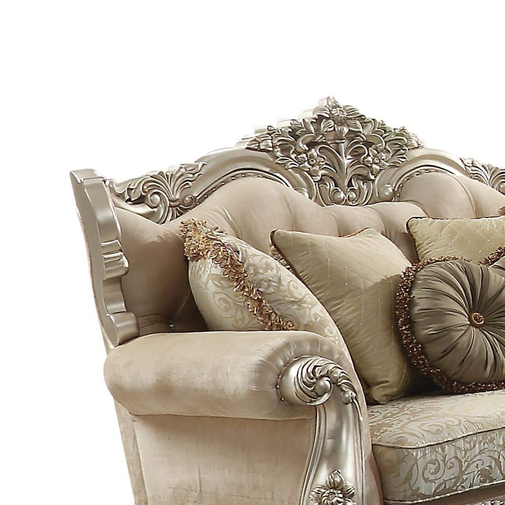 Champagne Beige Tufted Linen Rolled Arm Loveseat with Nailhead Trim