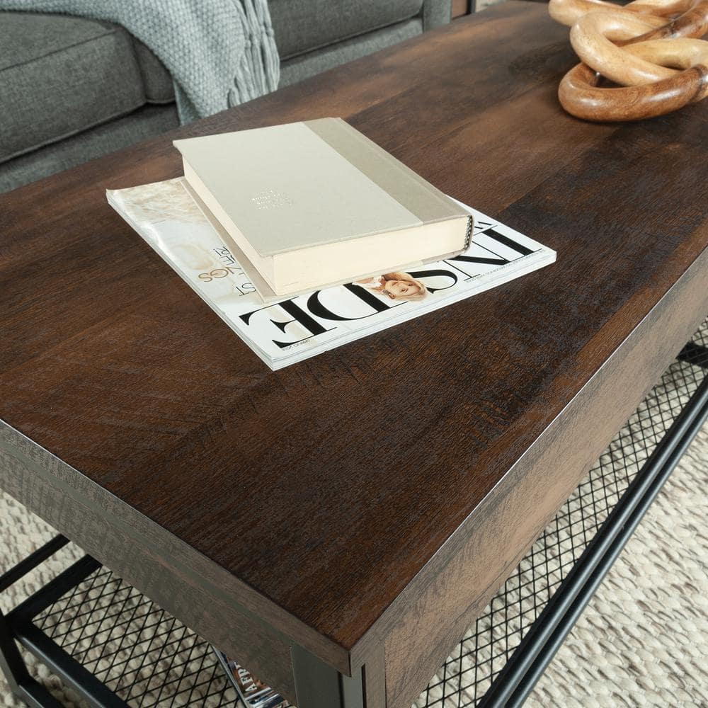 Medium Oak and Metal Lift-Top Coffee Table with Storage