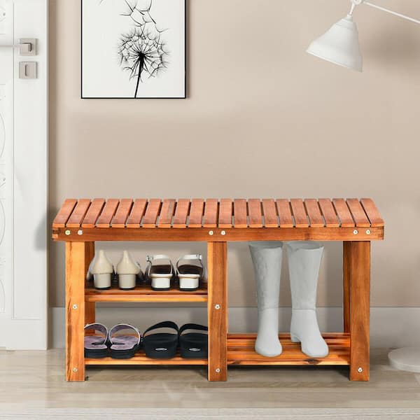 Teak 17.5 in. H 3-Tier 6- Pair Wood Shoe Storage Bench