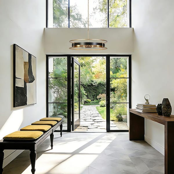 Modern Farmhouse 31.6 in. W 8-Light Black and Gold Chandelier, Adjustable Drum Chandelier for Living Room, Dining Room