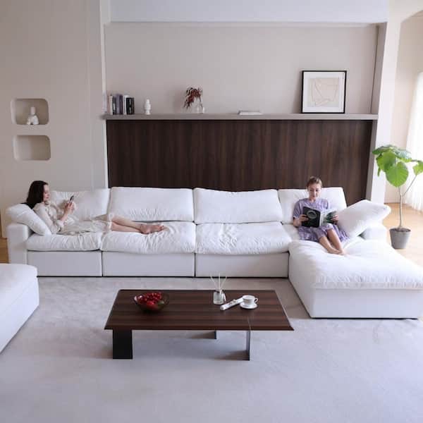 J&E Home 160.6 in. W Velvet Square Arm 5-piece L Shaped Oversized Modular Sectional Sofa in White with Storage ottoman