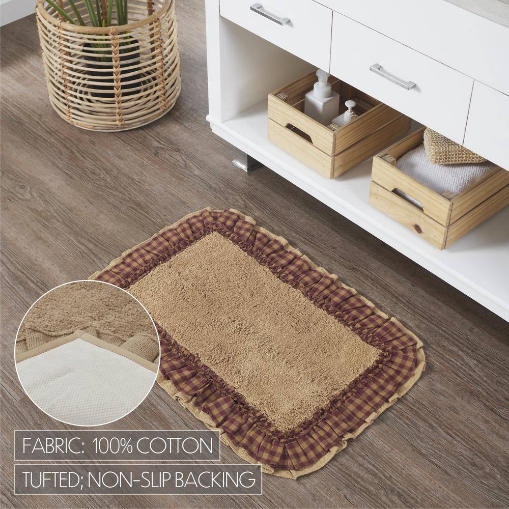 Natural Tan and Burgundy Checkered Cotton Bath Mat 20x30