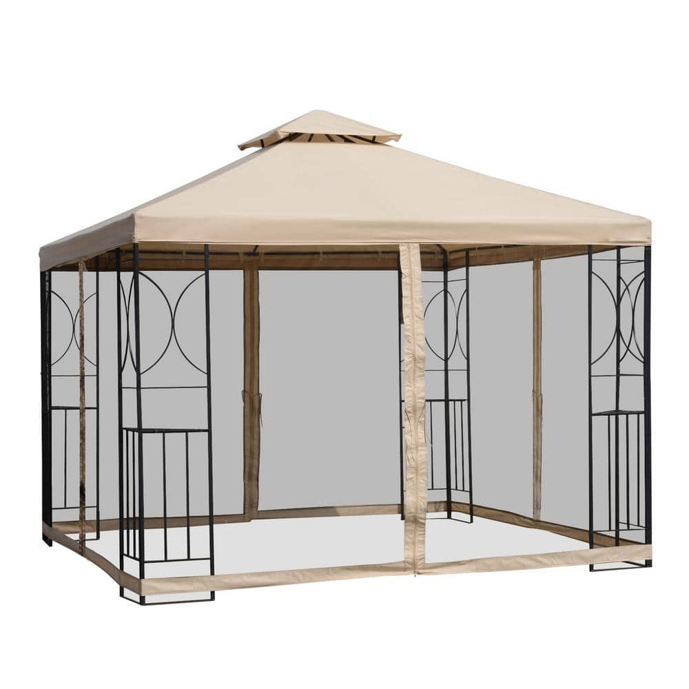 Sand 10' x 10' Steel Patio Gazebo with Netting and Shelves