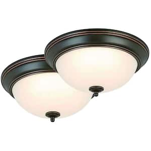 11 in. Oil-Rubbed Bronze Flush Mount Fixture with Frosted Glass Shade (2-Pack)