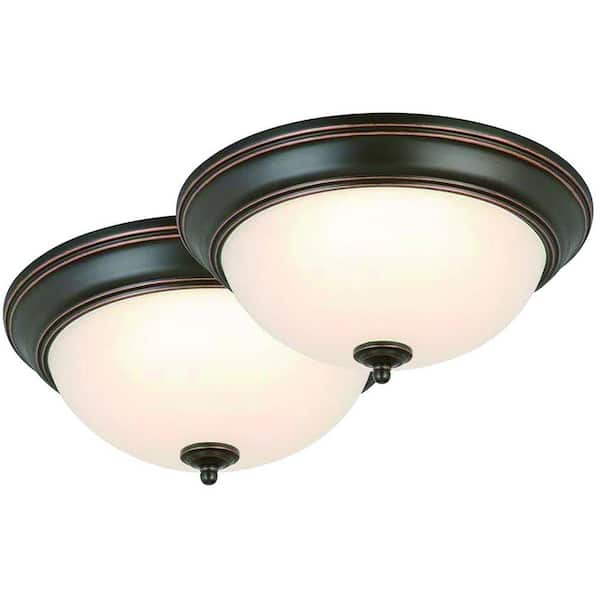 SUPERHUNTER 11 in. Oil-Rubbed Bronze Flush Mount Fixture with Frosted Glass Shade (2-Pack)