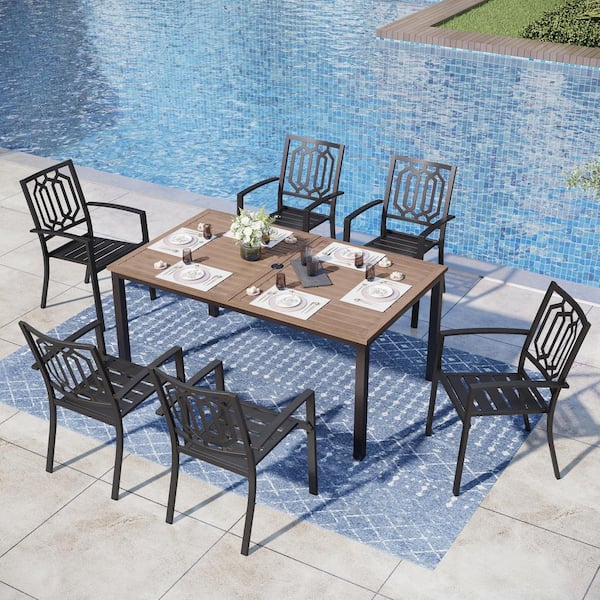 PHI VILLA Black 7-Piece Metal Outdoor Patio Dining Set with Straight-Leg Rectangle Table and Fashion Stackable Chairs