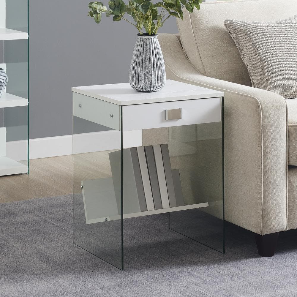 SoHo 18 in. White/Glass Rectangle MDF End Table with Drawer and Shelf