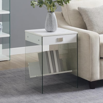 SoHo 18 in. White/Glass Rectangle MDF End Table with Drawer and Shelf