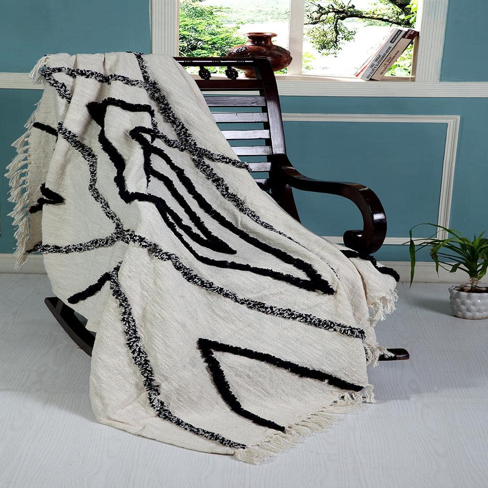 Handwoven Luxe Cotton Fringed Throw Blanket, Natural & Navy, 50" x 60"