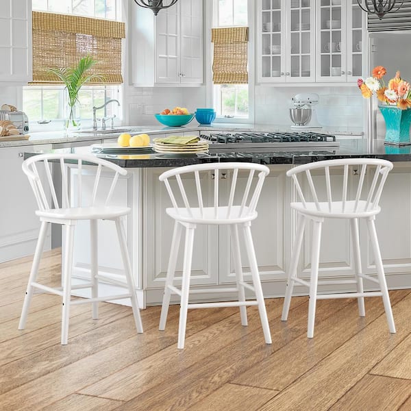 LUE BONA Winson Windsor 24 in. White Solid Wood Bar Stool for Kitchen Island Counter Stool with Spindle Back Set of 3