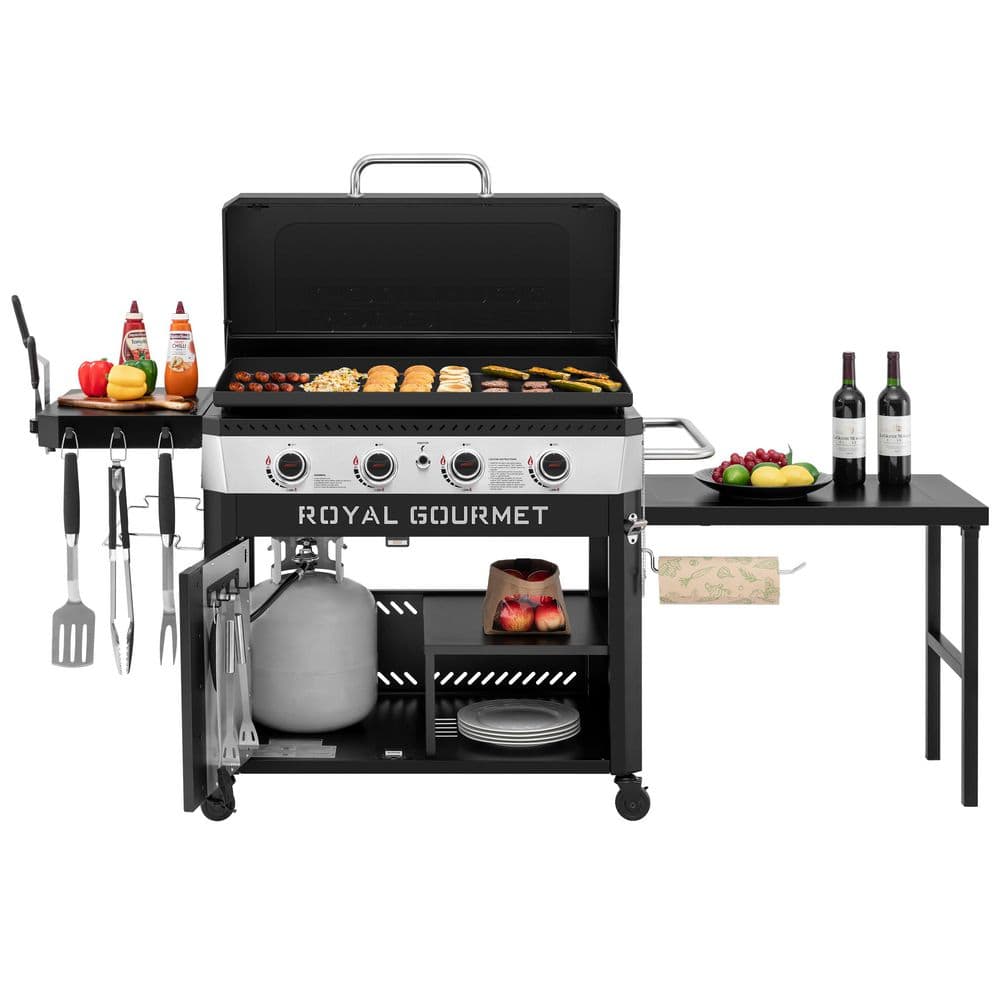 Premium 4-Burner Propane Gas Griddle with Foldable Pull-Out Side Table, Black