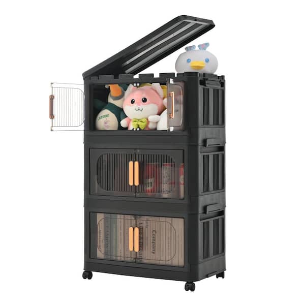 Seafuloy Black 31 in. H 3-Tiers Folding Collapsible Storage Cabinet with Magnetic Door, Plastic Storage Cabinet with Wheels