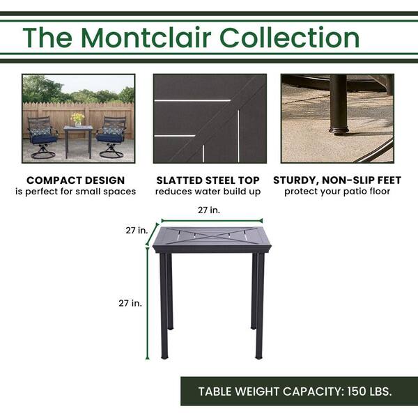 Hanover Montclair 3-Piece Steel Outdoor Bistro Set with Navy Blue Cushions, 2 Swivel Rockers and 27 in. Table - image 5