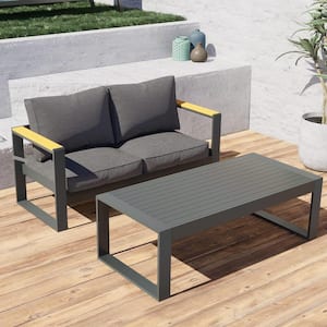 2-Piece Dark Grey Outdoor Aluminum Furniture Set with Cushion and Coffee Table