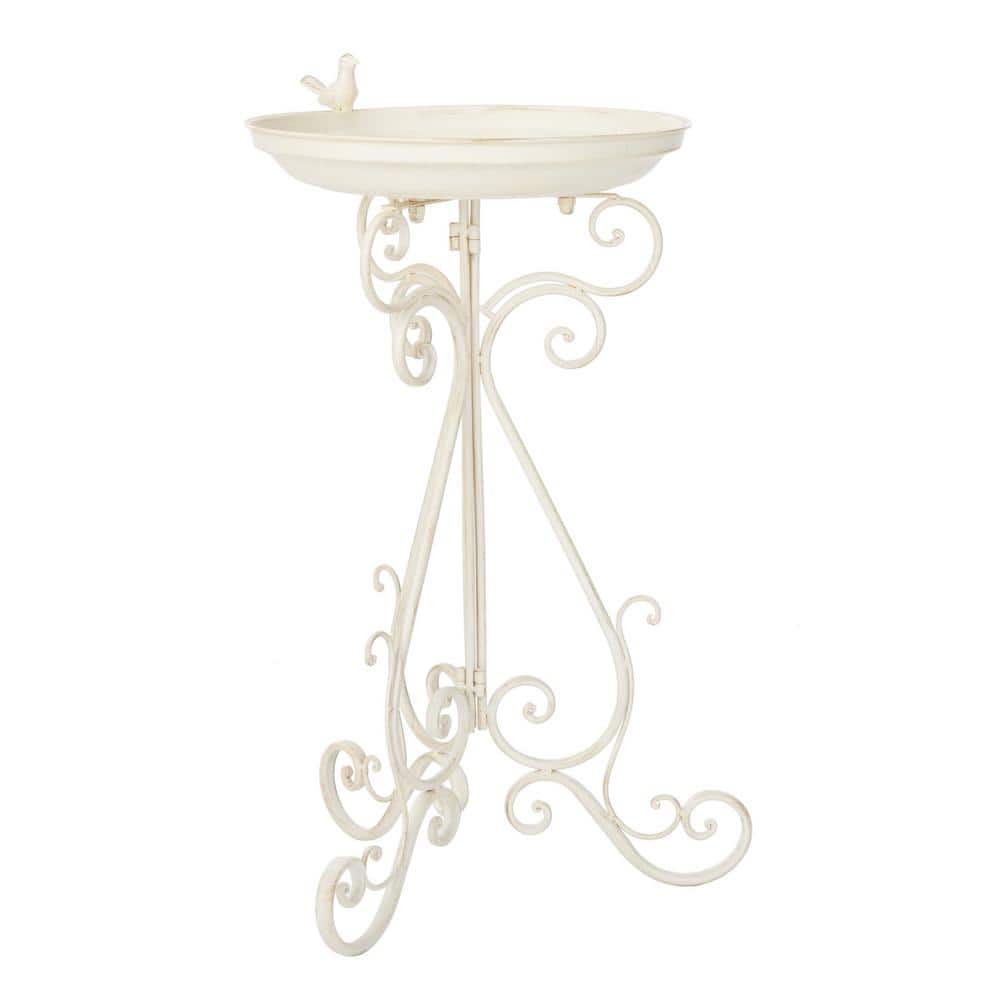 Pearl White Metal Scrolled Outdoor Bird Bath Stand