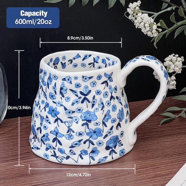 Numhew 20 oz. Blue Ceramic Summer Floral Irregular Oversized Coffee Mug with Handmade Big Handle for Daily Drinks (Set of 1)