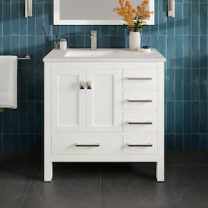 London 36 in. W x 18 in. D x 34 in. H Bathroom Vanity in White with White Carrara Marble Top with White Sink