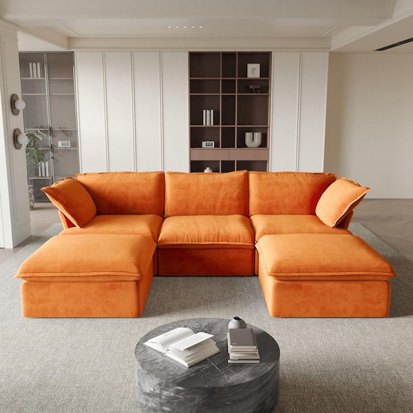 J&E Home 122.8 in. Flared Arm 5-Piece Linen Down-Filled Deep Seat Modular Free Combination Sectional Sofa with Ottoman in. Orange