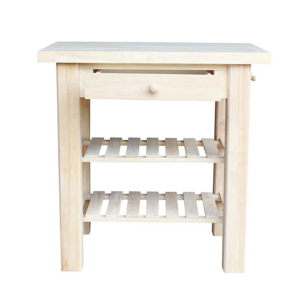 Natural Unfinished Parawood Kitchen Island with Drawer and Shelves