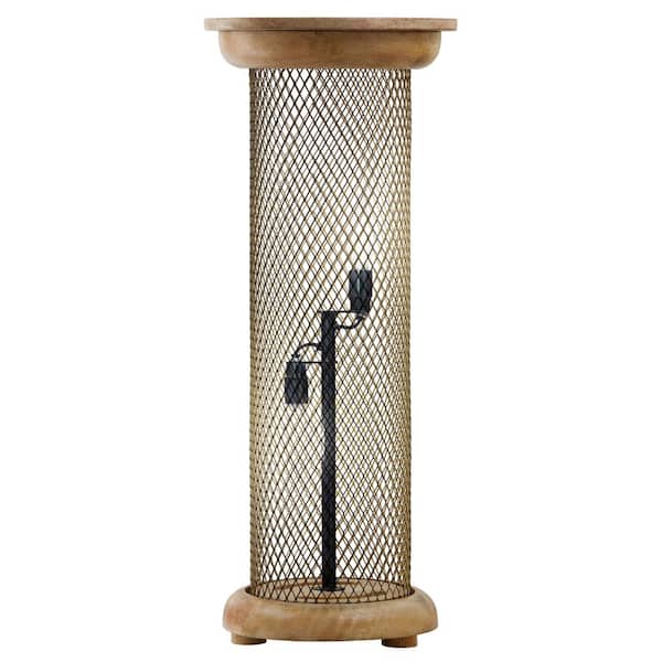 River of Goods Sawyer 23 in. Natural Mango Wood Cylinder-Base Pedestal Column Floor Lamp for Living Room with Mesh Metal Shade