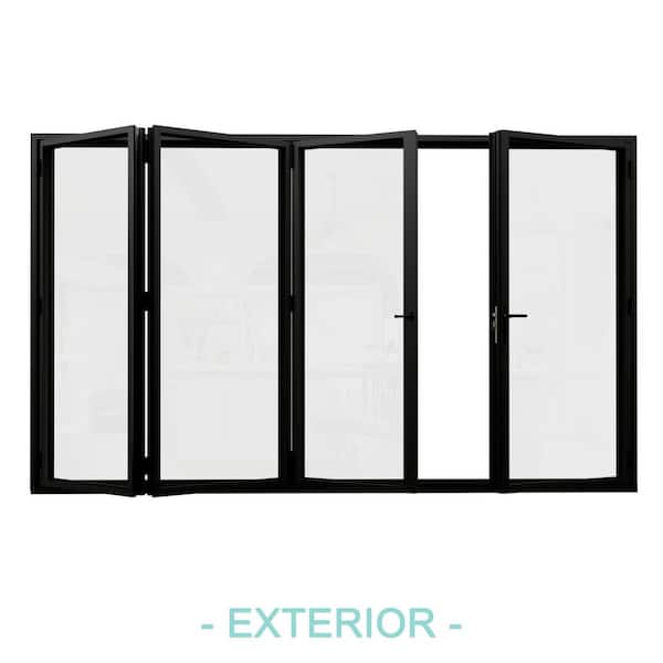 144 in. x 96 in. Left Swing Tempered Glass Black Aluminum Folding Patio Door with Door Stopper (3-Folding Plus 1-Swing)