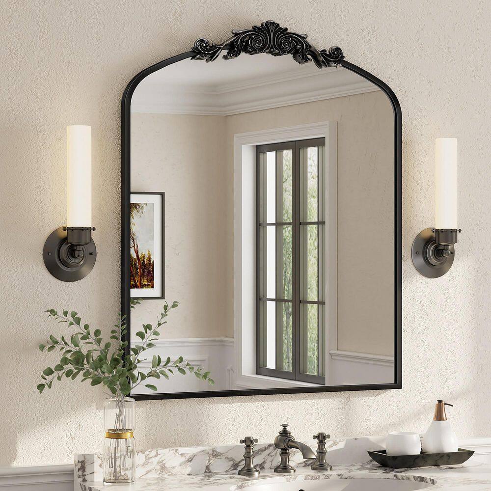 30 in. W x 36 in. H Arch Aluminum Alloy Framed French Cleat Mounted Baroque Wall Decor Bathroom Vanity Mirror in Black price history on PriceWatchPro