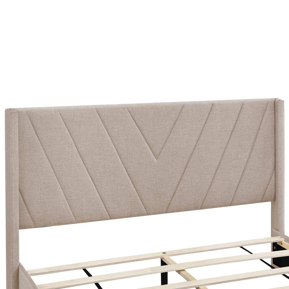 Beige Linen Upholstered Queen Platform Bed with Storage Drawers