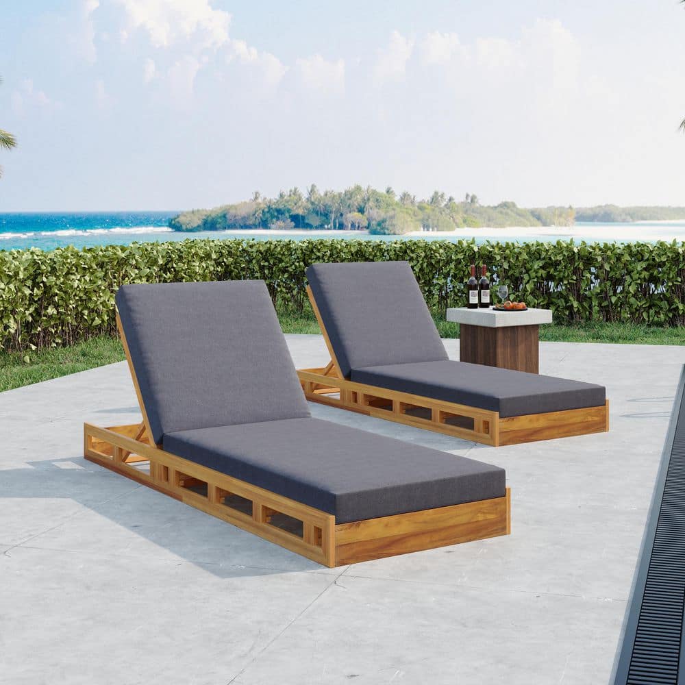 Gail Solid Wood Patio Outdoor Chaise Lounge with Dark Gray Cushion, Adjustable Backrest, Teak Finish, (Set of 2)