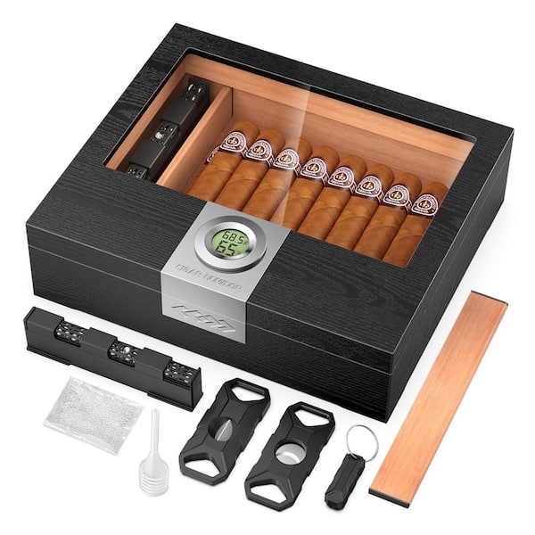 8.03in. W x 7.99in. H Brown Cedar Wood Cigar Humidor Box w/Digital Hygrometer and Accessories