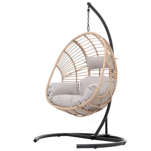 Sudzendf Natural Outdoor Indoor Wicker Patio Swing Egg chair with Gray Cushion and Black Base