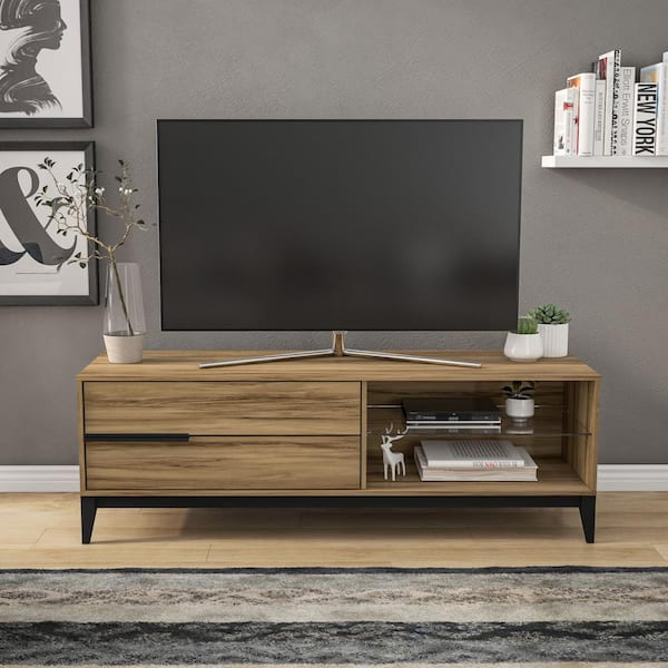 Polifurniture Melrose 59 in. Light Brown TV Stand with 2-Drawers Fits TVs up to 65 in.