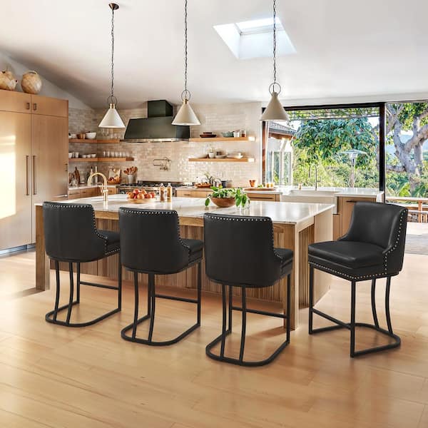 Aurora 26 in. Black Faux Leather Upholstered Counter Height Bar Stool with Double Cushion Counter Stool Set of 6