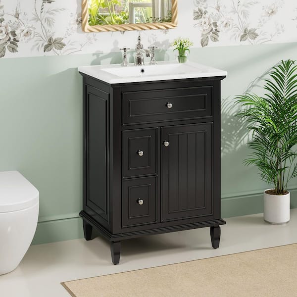 24 in. Freestanding Black Bath Vanity with White Ceramic Top, 1-Flip Drawer, 2-Drawers and Adjustable Shelf