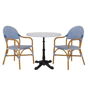 2-Piece Rattan Wood Frame Bistro Chairs with Arms and Bistro Table in Blue Marble Finish