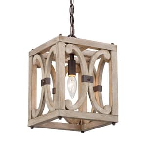 1-Light Aged Iron and Distressed Wood Indoor Mini Pendant Light Perfect for Kitchen, Dining Room, and Living Room.