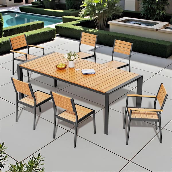 Pellebant Brown 7-Piece 84 in. Rectangular Aluminum Wood-Like Patio Dining Set with Arm & Armless Stackable Chairs, Umbrella Hole