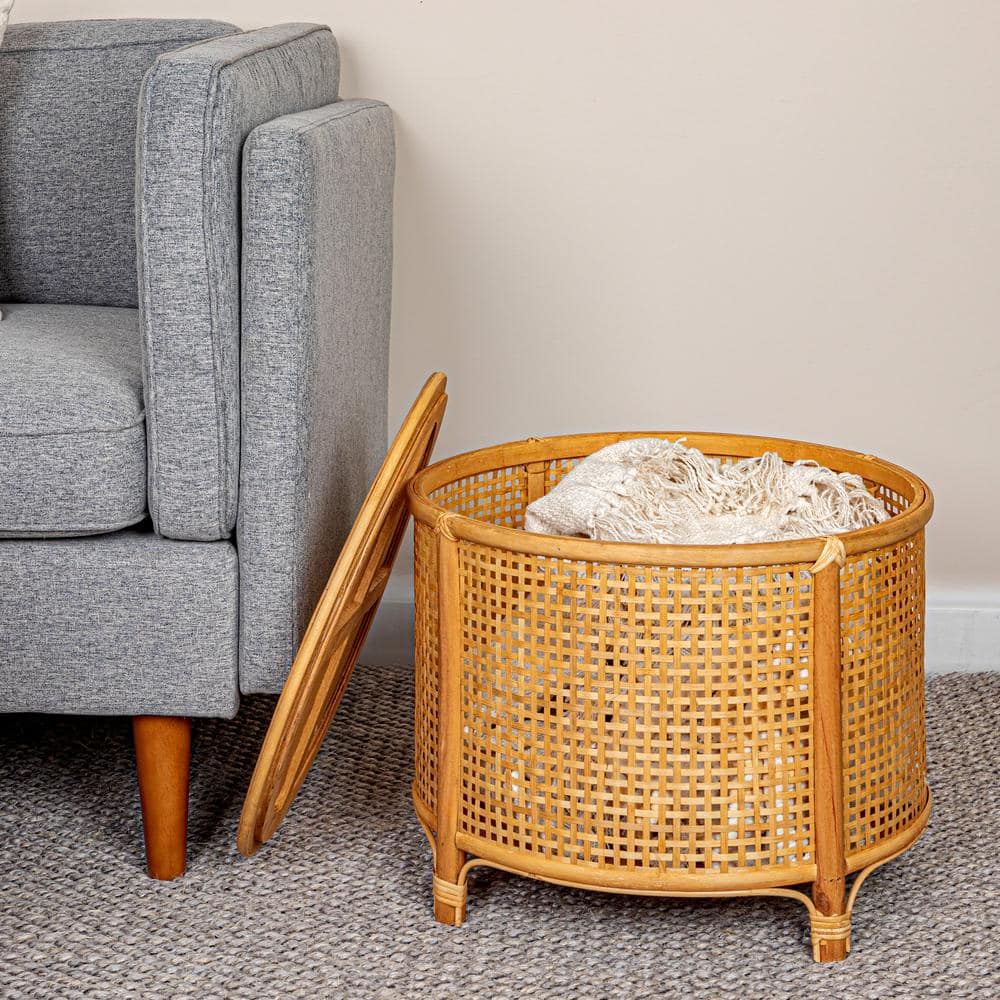 Natural Round Bamboo and Rattan Accent Storage Table