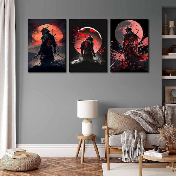 3pcs Japan Samurai Canvas Wall Art Japanese Style Full Moon Ninja
