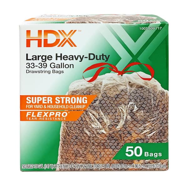 HDX FlexPro 33 Gal. to 39 Gal. Clear Drawstring Outdoor and Yard Trash Bags  (50-Count) HD39HF050C - The Home Depot