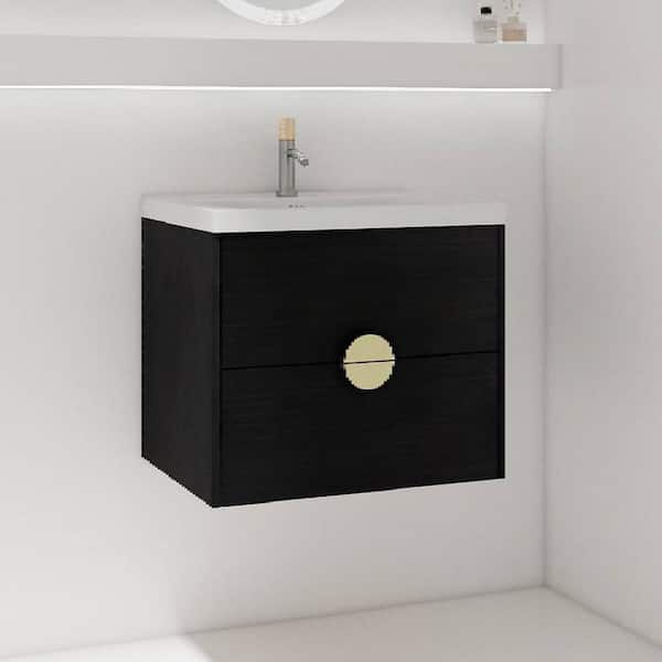 FAMYYT 24 in. W x 18.5 in. D x 21.4 in. H Single Sink Floating Bath Vanity in Black with White Ceramic Top and Handle