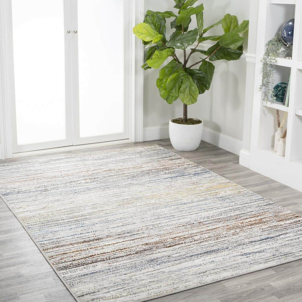 Gray and Blue Striped Synthetic 4' x 6' Area Rug